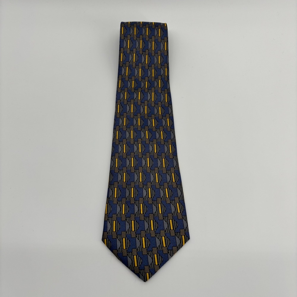 Mercedes Mens Geometric Abstract Necktie Blue Gray Yellow Polyester Korea